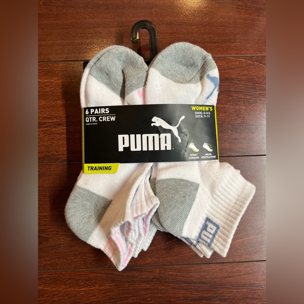 6-Pack Puma Quarter Crew Cushion Socks Womens Shoe Size 5-9.5 White Gray New